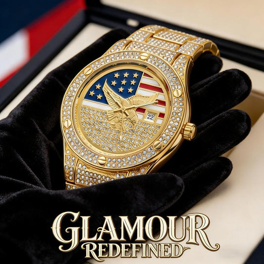 ⌚Iced Out Gold US Flag Eagle Watch Diamond Quartz Watch