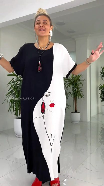 Lovely Black White Abstract Face Print Loose Maxi Dress