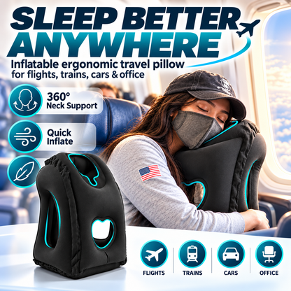 ✈️ Inflatable Ergonomic Hollow-Cutout Travel Pillow – PVC Flocking, Quick Inflate, With Storage Bag ✨