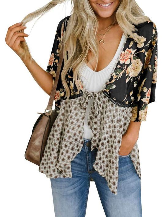 📢📢Big Sale Now On!⏰🌸Women's Floral Kimono Ruffle Sleeve Tie Cardigans Flowy Boho Loose Cover Ups