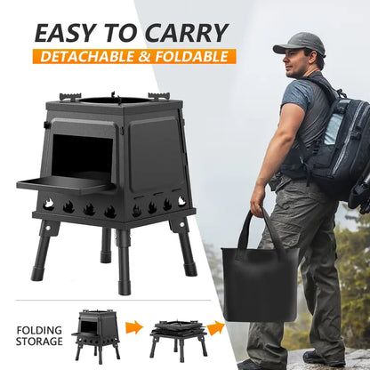 🔥🔥Portable Wood Burning Rocket Stove | 16 Vent Holes Efficient Burn | Outdoor Wood Stove | Foldable Camping Cooker