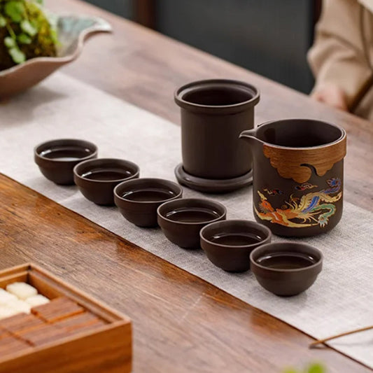 Classic Color Changeable Pottery Teacup Set with Strainer - Made with Traditional Craftsmanship