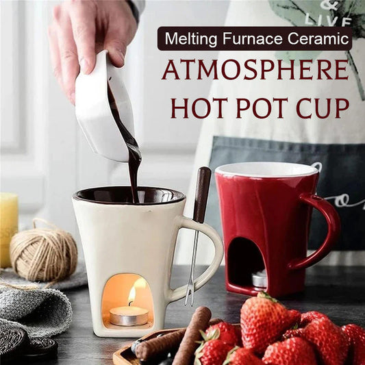 ✨Buy 2 get 1 free ！🍴Ceramic Chocolate Fondue Mug, Candle Heated Mini Cheese Fondue Pot with Fork, Portable Glazed Ceramic Melting Cup for Date Night, Family Party Dessert