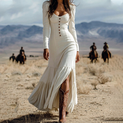 🥰Women's Retro Square Neck Slit Maxi Dress