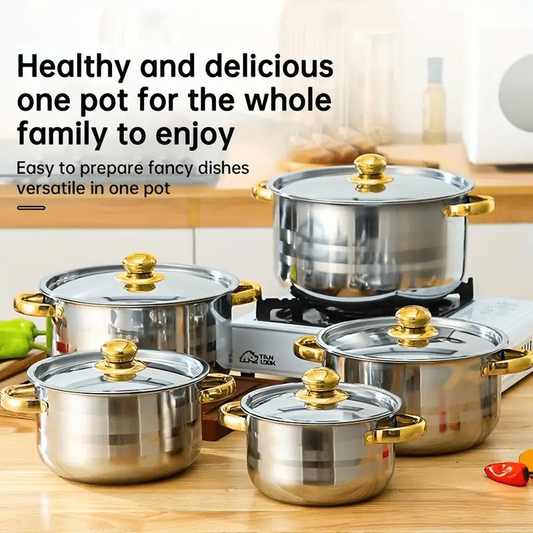 🍳50% OFF NOW!🫕5-Piece Stainless Steel Cookware Set with Glass Lids – Durable, Even Heat Distribution & Elegant Design ✨