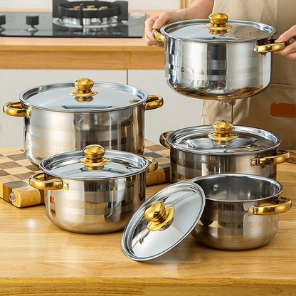 🍳50% OFF NOW!🫕5-Piece Stainless Steel Cookware Set with Glass Lids – Durable, Even Heat Distribution & Elegant Design ✨