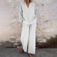 ❤️Casual Solid Color V-Neck Long Sleeve Top & Wide-Leg Pants Set