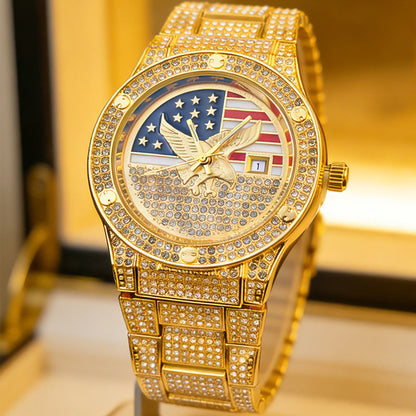⌚Iced Out Gold US Flag Eagle Watch Diamond Quartz Watch