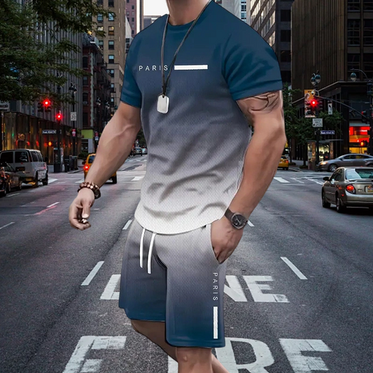 🏖️ Beach Style Men's Gradient Color T-Shirt & Shorts Set 🌊