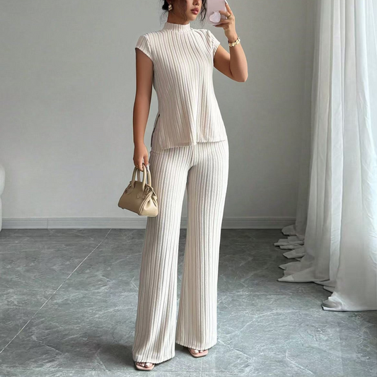 👗 50% OFF NOW! 🌸 Elegant Mock Neck Top & Wide-Leg Pants 2-Piece Set – Ribbed Texture, Flowing Silhouette & Versatile Style ✨