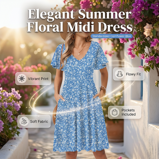 💐 Women's V-Neck Floral Print A-Line Midi Dress 👗
