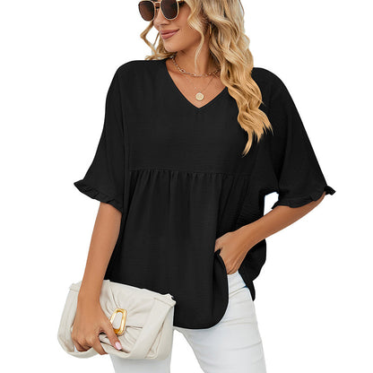 🌿V Neck Short Sleeve Blouse for Women｜Casual Comfy Tops👕