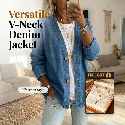 ✨ Women's Classic Button Front Denim Jacket – V-Neck, Breathable Fabric & Relaxed Fit 💙