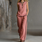 ✨👚👖Women's Contrast Trim Sleeveless Top & Wide-Leg Pants Set Elegant 2 Piece Matching Outfit Daily Vacation Casual Wear
