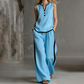 ✨👚👖Women's Contrast Trim Sleeveless Top & Wide-Leg Pants Set Elegant 2 Piece Matching Outfit Daily Vacation Casual Wear
