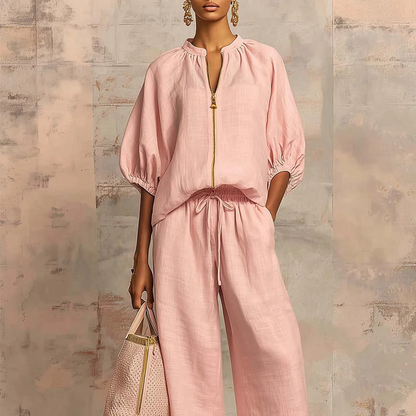👚 LIMITED-TIME 40% OFF! 👖 Women's Solid Color 2-Piece Tracksuit – Puff Sleeve, Wide Leg, Zipper Detail ✨