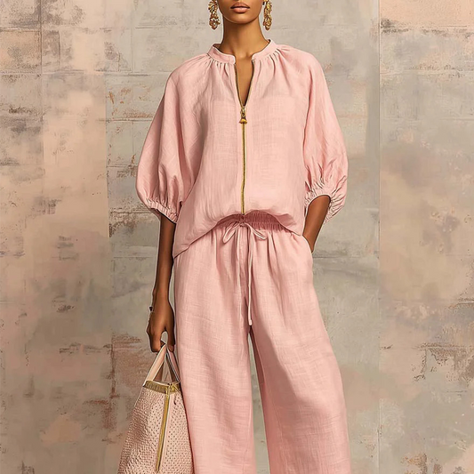 👚 LIMITED-TIME 40% OFF! 👖 Women's Solid Color 2-Piece Tracksuit – Puff Sleeve, Wide Leg, Zipper Detail ✨