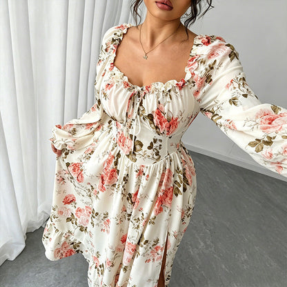👗 50% OFF NOW! 🌸 Floral Square Neck Maxi Dress – Vintage Puff Sleeves & High Waist ✨