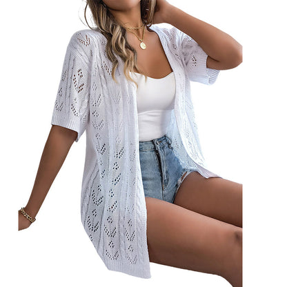 👚 50% OFF NOW! 🌸 Women's Short Sleeve Hollow-Out Knit Cardigan – Breathable Pointelle, Lightweight & Versatile Open-Front – Summer Essential ☀️