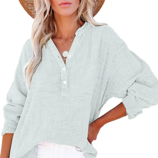 👚✨ Women’s Casual Gauze Blouse 🧵 Button Neck Long Sleeve