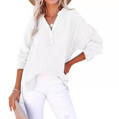 👚✨ Women’s Casual Gauze Blouse 🧵 Button Neck Long Sleeve