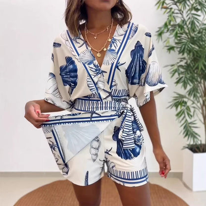 📢📢40% OFF !! ⏰Women's Tropical Print V-Neck Wrap Romper