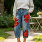 👖40% OFF!🤍Women's Floral Wide-Leg Jeans – Unique Appliqué, Soft, 6 Colors 🌸