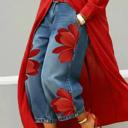 👖40% OFF!🤍Women's Floral Wide-Leg Jeans – Unique Appliqué, Soft, 6 Colors 🌸
