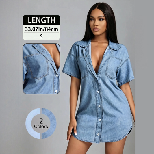 👚 LIMITED-TIME 50% OFF! ✨ Denim Short Sleeve Shirt – Loose Lapel, Casual, Relaxed Fit 🌿