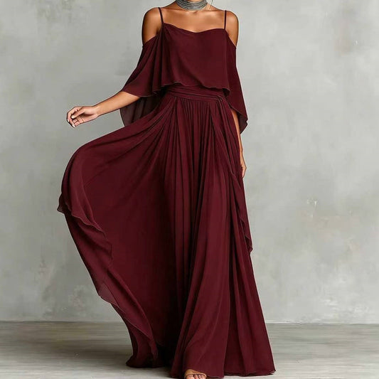 ✨👗💐Women’s Elegant Cold Shoulder Flowy Maxi Dress Soft Loose Long Dress For Wedding Party Vacation Daily