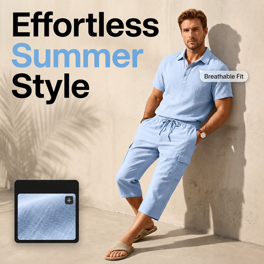 🎁 LIMITED TIME 50% OFF! 👕 Men Summer Linen Set – Loose Shirt & Cargo Shorts Two Piece Outfit 💥
