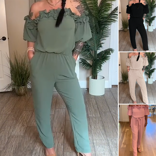 ✨💐Off-Shoulder Frill Design Jumpsuit Elegant Ruffle Wide Leg Jumpsuit Date Night Club Daily Wear