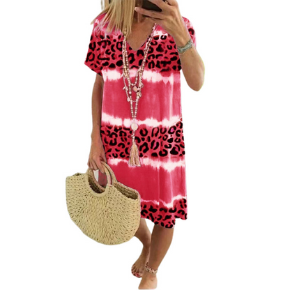 🐆🎨Women's Casual Tie Dye Leopard Print V-Neck Dress☀️ Loose Summer Holiday Outfit For Ladies