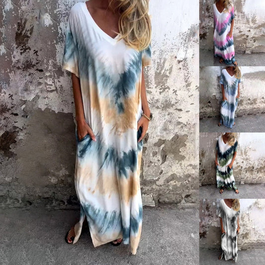 👗🌸Casual Loose Printed V-Neck Long Dress Women Casual Maxi Dress