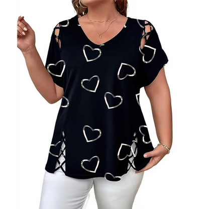 1. ❤️👚Women’s Heart Print V-Neck Top – Süßer Alltag Basic Oberteil