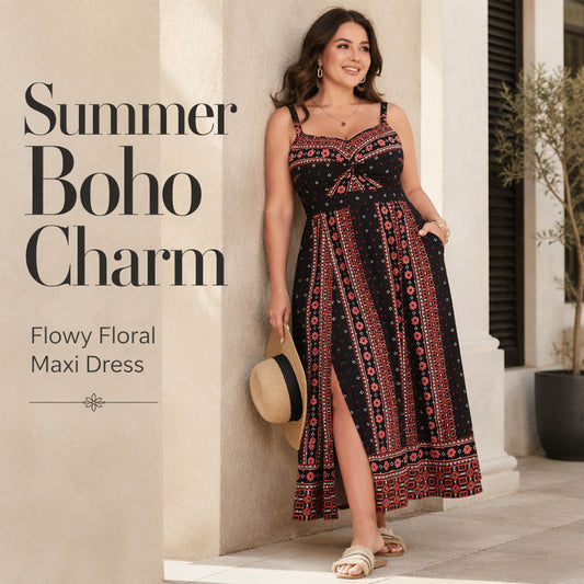 🌼🤍Plus Size Boho Long Dress Thin Spaghetti Straps Summer Outfit