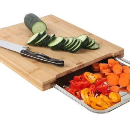 🔪 Wooden Cutting Board with Slide-Out Detachable Trays | Juice Groove & Storage Drawer Kitchen Chopping Block