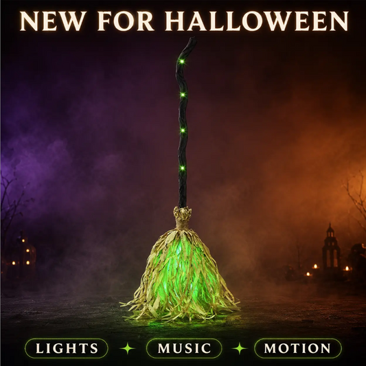 🧹 LIMITED‑TIME 50% OFF! 🎃 Animated Witch Broom Halloween Decoration – Walking Feet Movement, Spooky Sound & Glowing Green LED Lights – Perfect for Yard & Party 👻