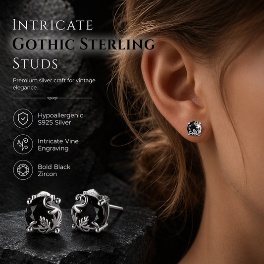 ⏳Time-Limited Special⏰1 Pair of Silver Tone Gothic Vine Pattern Round Stud Earrings with Black Cubic Zirconia🖤