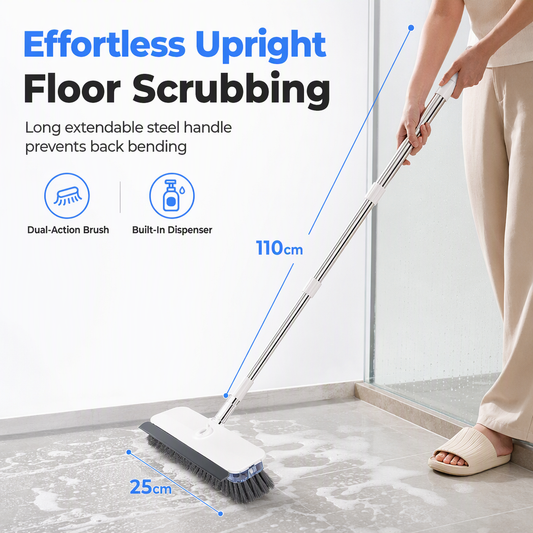 🧼Long Handle Floor Scrub Brush✨2-in-1 Stiff Bristle & Squeegee｜Built-in Soap Dispenser, Detachable Head for Bathroom Deep Cleaning