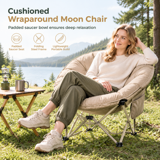 🌻Portable Oversized Folding Camping Moon Chair with Thick Padded Cushion and Heavy Duty Steel Tube Frame
