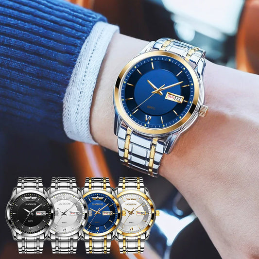 Men's ultra-thin waterproof quartz watch with dual calendar window